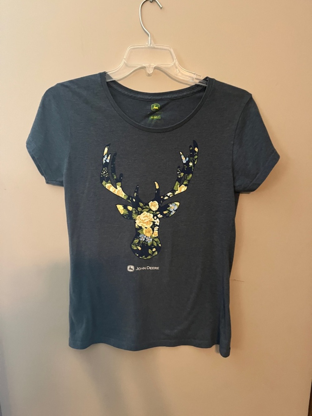 John Deere Women's Charcoal Floral Deer Tee with Yellow Accents